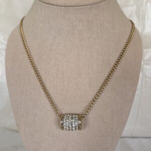 Vintage Avon Pave Crystal Barrel Pendant Necklace Gold Tone 24 in.